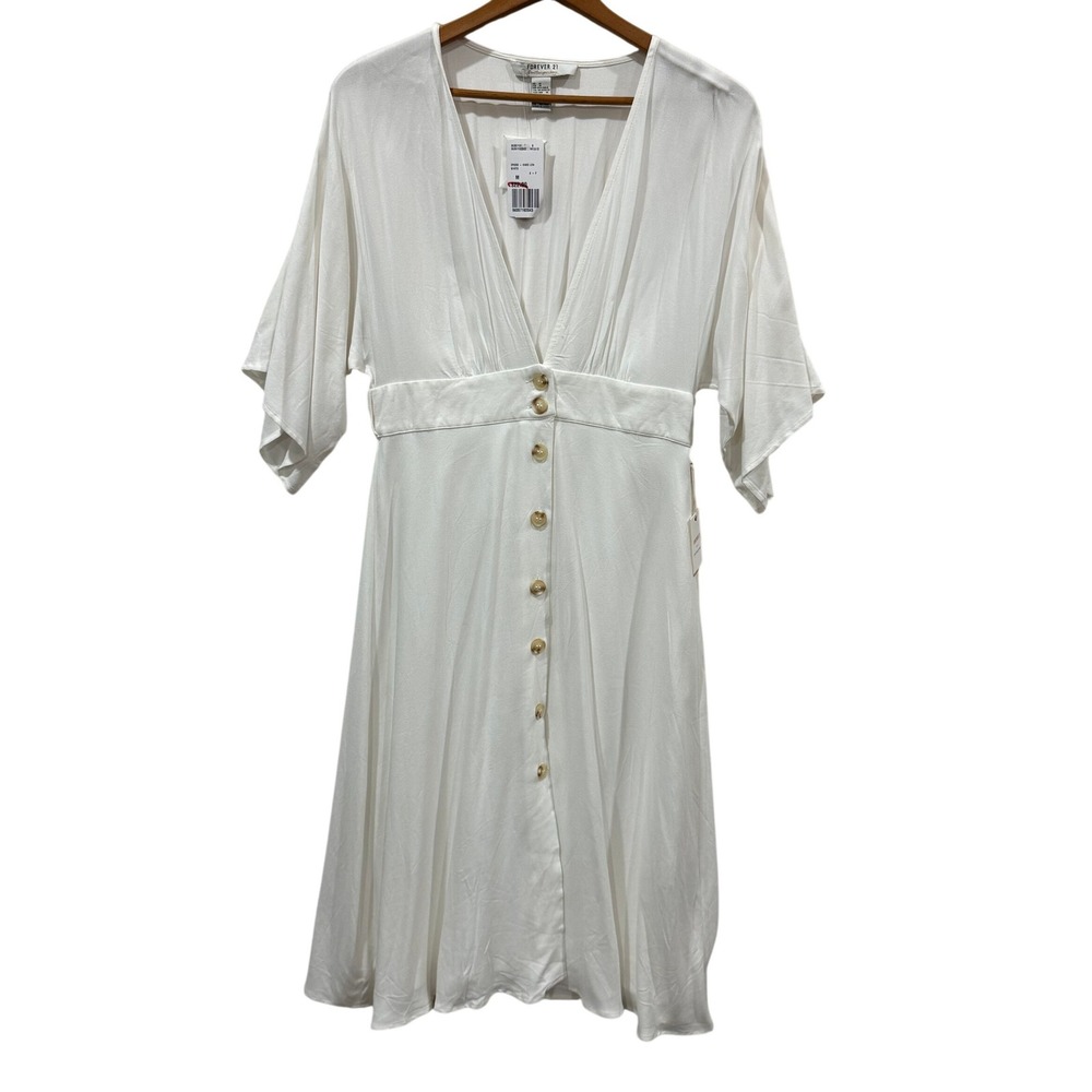 Forever 21 Contemporary White Button Front V-Neck Flutter Sleeve‎ Dress Med NEW